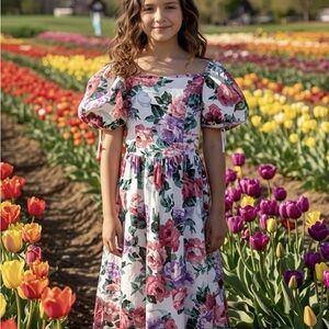 Made in USA youth size 7 Floral Puff Sleeve Dress